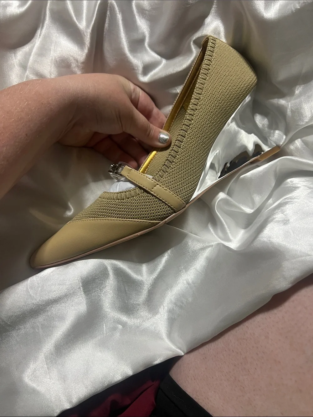 Cosy Island Beige Pointed-Toe Wedge Pump with Silver Accent
